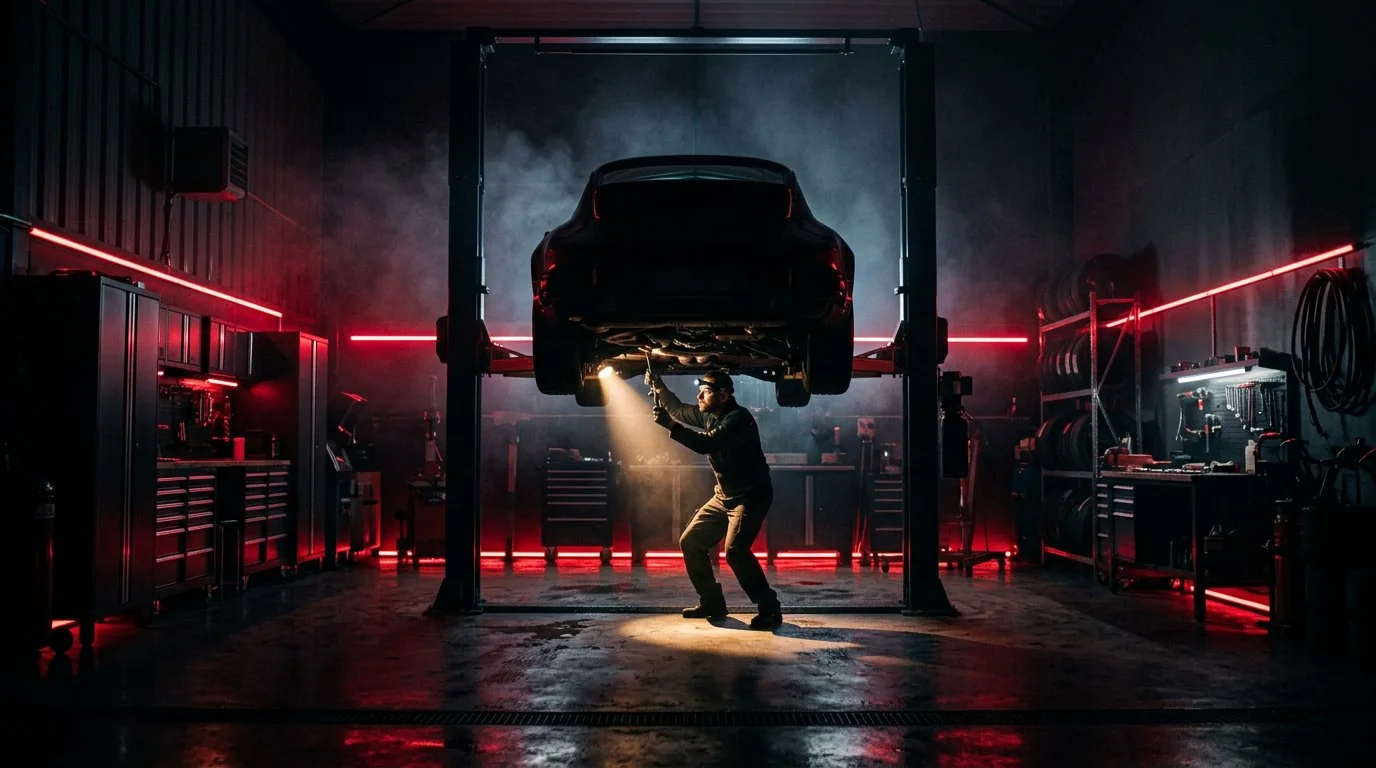 Technician working in a red-lit garage service bay